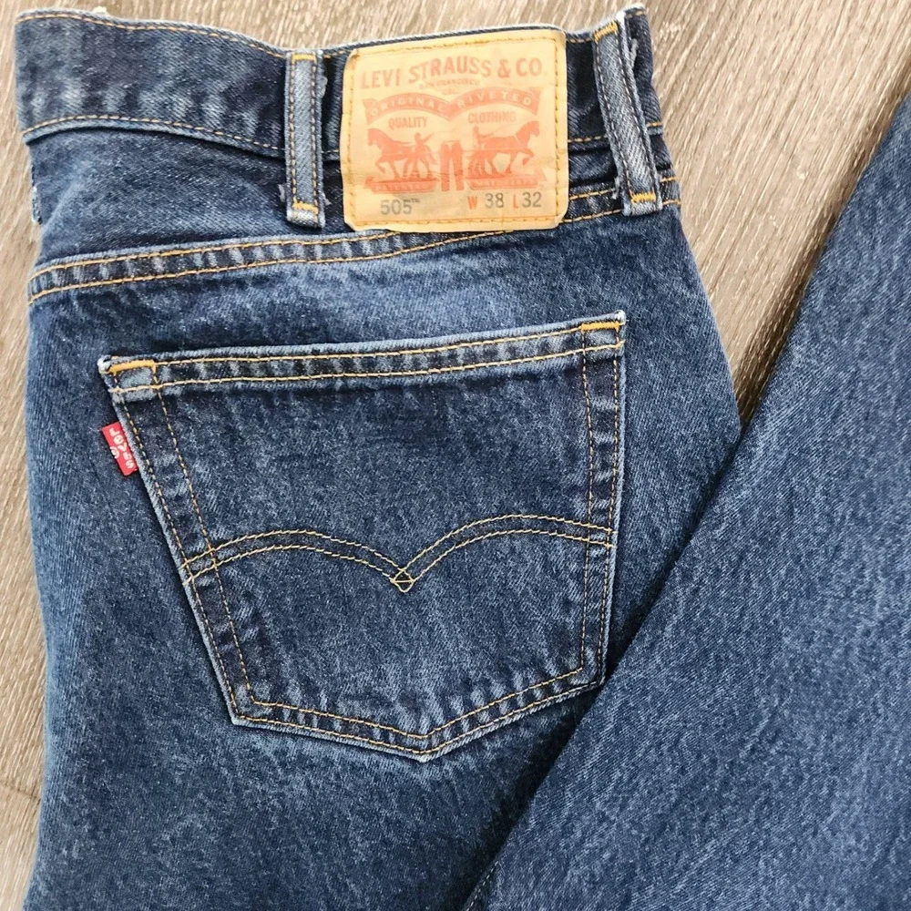 Levis 505 Regular Fit Straight Leg Jeans Blue Denim Mens 38x32